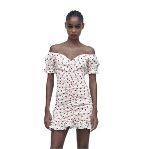 Zara Cherry Embroidered Off-Shoulder Dress – Size XS – NWT